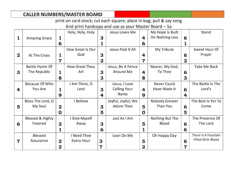 May include: A colorful chart with numbers and song titles. The chart is divided into columns with headings like "Holy, Holy, Holy", "Jesus Loves Me", "My Hope Is Built On Nothing Less", and "Stand". Each column has a list of song titles and numbers.