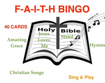 FAITH BINGO - Random - 40 Game Cards - Version 1 Filled with Christian Songs Karaoke Style Without The Music - Christian Game -