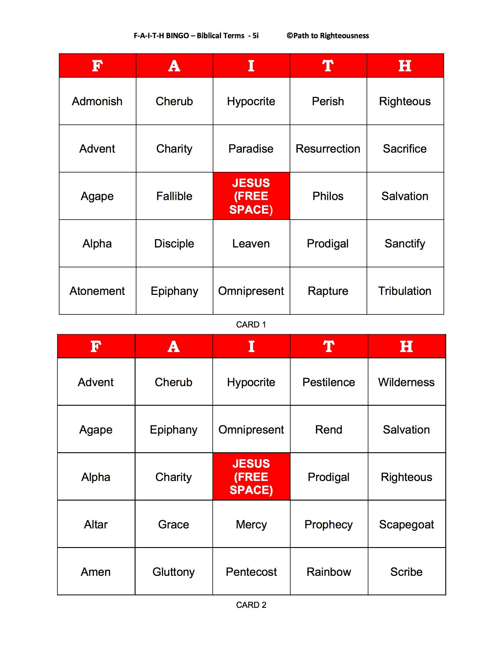 F-A-I-T-H BINGO Biblical Terms With Definition-version 1-40 Game Cards ...
