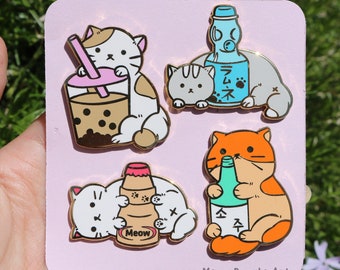 Bubble Tea and Soju Cat Enamel Pin/ Boba/ Cute/ Kawaii/Yakult/Ramune