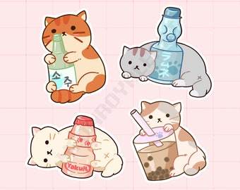 Cat with Asian drinks Stickers/Bubble Tea/ Soju/Yakult/Ramune/Boba/Yogurt/Kawaii/cute