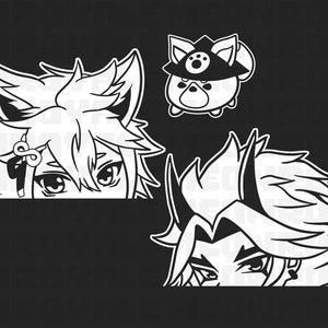 Peut inclure: Illustration en noir et blanc de deux personnages d'anime qui regardent par-dessus un bord. Les personnages ont de longs cheveux flottants et des yeux expressifs. L'un des personnages a une paire de cornes.