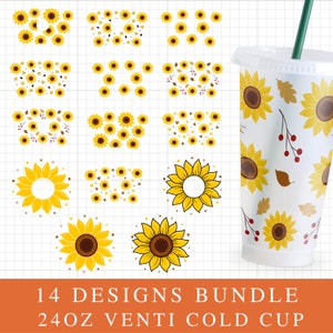 Pacchetto di progettazione di tazze fredde Venti Svg da 24 oz di girasole, file Svg per insegnanti per Cricut, involucro floreale in formato Svg, bicchiere di tazza personalizzato girasole Svg