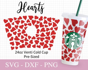 Herz Starbucks Cup SVG, rote Herzen SVG-Dateien für Cricut, 24 Unzen Venti Kalte Tasse Design, Valentines Print Full Wrap SVG Png Dxf.