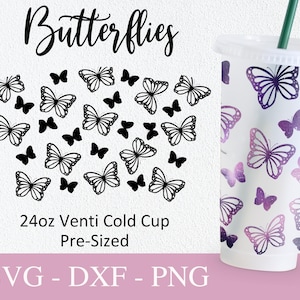 Tazza Starbucks senza foro farfalla Svg, file Svg per Cricut, design tazza fredda Venti da 24 once, stampa farfalle avvolgimento completo Svg Png Dxf.
