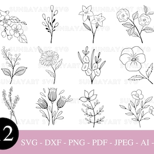 Floral Bundle Svg Files For Cricut, Botanical Flower PNG , Simple Flower Svg, Spring Wildflower SVG, DXF Cut File, Pdf.