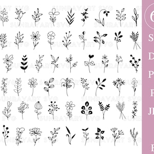 60 archivos svg de paquete floral para Cricut, flor botánica PNG, flor simple svg, flor silvestre de primavera SVG, archivo de corte DXF, Pdf.