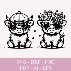 Può includere: Due mucche delle Highlands di cartone animato in bianco e nero che indossano occhiali da sole a forma di cuore. Una mucca indossa un berretto da baseball e l'altra una corona di fiori.