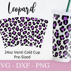 Tazza Starbucks senza foro con motivo leopardato in formato Svg, file Svg per Cricut, design della tazza fredda Venti da 24 once, stampa ghepardo avvolgimento completo Svg Png Dxf.