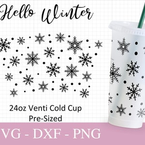 No Hole Christmas Wrap Cup Svg, 24oz Venti Cold Cup, Popular Svg, Snowflakes Svg For Cricut, Trendy Cup Design, Print Full Wrap Svg Png Dxf.