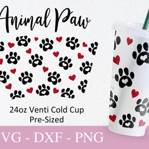 Tazza Starbucks senza foro per zampa di cane Svg, file Svg per Cricut, design tazza fredda Venti da 24 once, stampa zampa di gatto avvolgimento completo Svg Png Dxf.