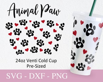 No Hole Dog Paw Starbucks Cup Svg, Svg Files For Cricut, 24oz Venti Cold Cup Design, Cat Paw Print Full Wrap Svg Png Dxf.