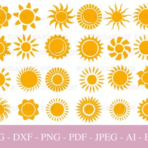24 Sonne SVG-Dateien für Cricut, Sonne SVG Bundle, Sonne Png Dxf Pdf, Sonne Clipart für Aufkleber, Logo, Cricut Projekte, digitaler Download Sommer SVG.