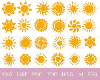 24 pliki Sun SVG dla Cricut, pakiet Sun SVG, Sun Png Dxf Pdf, Clipart Sun do naklejek, Logo, Projekty Cricut, Cyfrowe pobieranie Summer SVG.