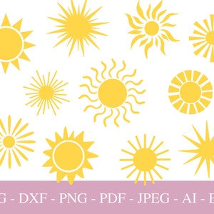 Pliki Sun SVG dla Cricut, pakiet Sun SVG, Sun Png Dxf Pdf, Clipart Sun do naklejek, Logo, Projekty Cricut, Cyfrowe pobieranie Summer SVG.