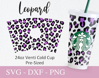 Motif léopard Starbucks Cup Svg, fichiers Svg pour Cricut, 24oz Venti Cold Cup Design, guépard impression Full Wrap Svg Png Dxf.