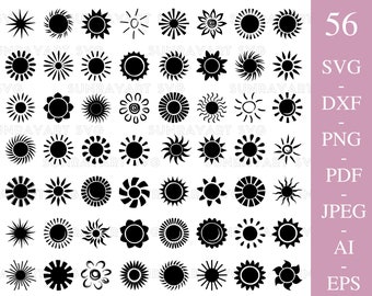 56 plików Sun SVG dla Cricut, pakiet Sun SVG, Sun Png Dxf Pdf, Clipart Sun do naklejek, Logo, Projekty Cricut, Cyfrowe pobieranie Summer SVG.