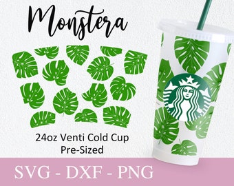 May include: A white 24oz cold cup with a green monstera leaf pattern and the text "Monstera" at the top. The cup is pre-sized for a venti size drink. The text "24oz Venti Cold Cup Pre-Sized" is below the cup. The text "SVG - DXF - PNG" is at the bottom of the image.