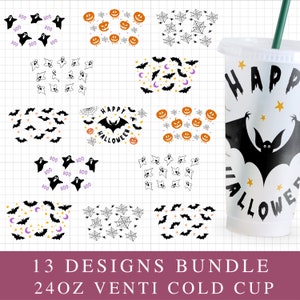 Halloween-Svg 24 Unzen Venti Cold Cup Design Bundle, Boo-Svg-Dateien für Cricut, Spooky Season SVG, Fledermaus SVG, Kürbis FaceSvg, Ghost Face SVG