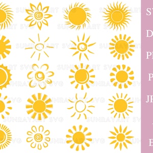 20 file SVG Sun per Cricut, pacchetto Sun SVG, Sun Png Dxf Pdf, Clipart Sun per adesivi, logo, progetti Cricut, download digitale Summer Svg.