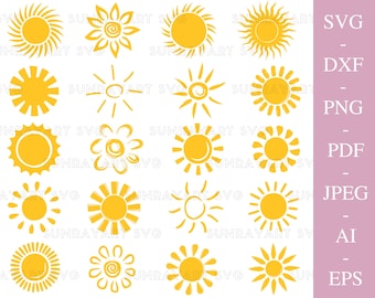20 plików Sun SVG dla Cricut, pakiet Sun SVG, Sun Png Dxf Pdf, Clipart Sun do naklejek, Logo, Projekty Cricut, Cyfrowe pobieranie Summer SVG.