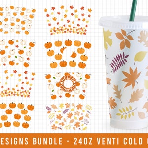 May include: Eight designs for a 24 ounce cold cup featuring a fall theme with pumpkins and leaves. The designs include a circle with the text "Hello Pumpkin" and various patterns of pumpkins and leaves.