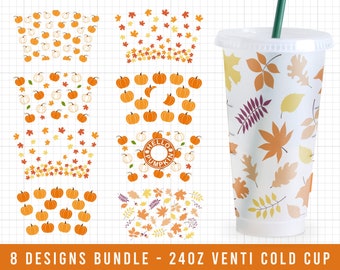 Hello Fall 24 oz Venti Cold Cup Design Bundle,  Pumpkin Svg Files for Cricut, Autumn Svg, Autumn Leaves Svg, Pumpkin Wrap SVG PNG DXF