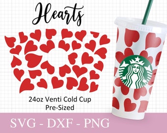 Herz Starbucks Cup SVG, rote Herzen SVG-Dateien für Cricut, 24 Unzen Venti Cold Cup Design, Valentines Print Full Wrap SVG Png Dxf.