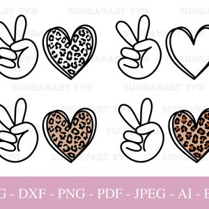 File Svg Peace Love per Cricut, Leopard Hearts PNG, Love Heart SVG Cut File, Peace Hand DXF Cut File, Leopard Heart Clipart, Pdf.