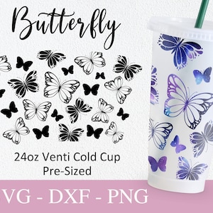Tazza Starbucks senza foro farfalla Svg, file Svg per Cricut, design Coppa fredda Venti da 24 once, stampa farfalle avvolgimento completo Svg Png Dxf.
