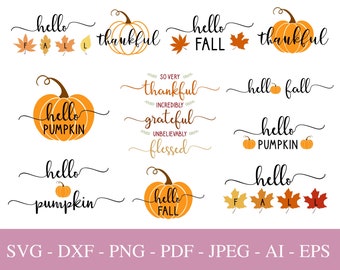 Hello Fall SVG Bundle, Thanksgiving Svg Files For Cricut, Hello Pumpkin Svg Png Dxf Pdf, Fall Quotes Svg, Thankful Svg, Digital Download.