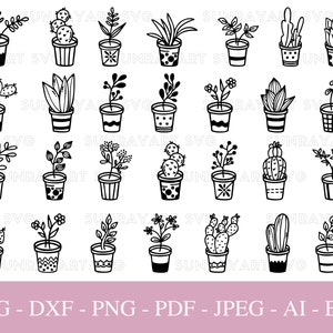 29 plantes d'intérieur Svg, fichiers pour Cricut, plantes d'intérieur PNG, plantes en pot botaniques Svg, succulentes Svg, cactus SVG, fichier de coupe DXF, Pdf.