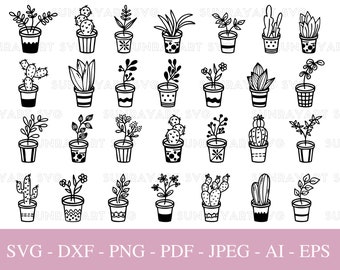 29 House Plant Svg,  Bundle Files For Cricut, Home Plants PNG , Botanical Potted Plants Svg, Succulent Svg, Cactus SVG, DXF Cut File, Pdf.