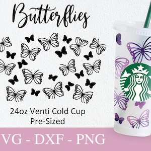 Farfalla Starbucks Cup Svg, File Svg per Cricut, 24oz Venti Cold Cup Design, Farfalle Stampa Full Wrap Svg Png Dxf.