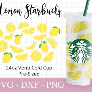 Pode incluir: Um copo frio Venti de 710 ml com um design de limão. O copo tem uma palhinha verde e um logótipo Starbucks. O design inclui limões amarelos e fatias de limão. O texto "Lemon Starbucks" está escrito em itálico.