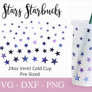 No Hole Stars Starbucks Cup Svg, Archivos svg para Cricut, Diseño de copa fría Venti de 24 oz, Impresión de estrellas Full Wrap Svg Png Dxf.