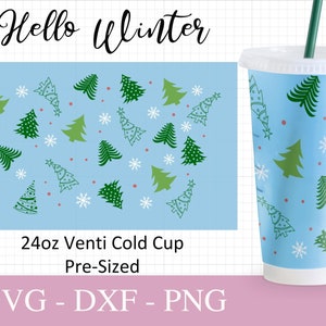 No Hole 24oz Venti Cold Christmas Wrap Cup Svg, Popular Svg, Winter Files For Cricut, Trendy Cup Design, Print Full Wrap Svg Png Dxf.
