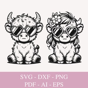 かわいいハイランド牛のSVGファイル（Cricut用）、バレンタインデーのSVG、ハートのサングラスをかけた牛、彼女または彼への贈り物、牛の昇華デザインPNG、