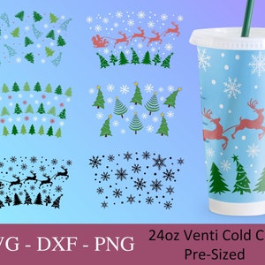 No Hole Christmas Bundle Wrap Svg, 24oz Venti Cold Cup, Popular Svg, 6 Winter Files For Cricut, Trendy Cup Design, Print Full Wrap Svg Png.