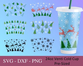 No Hole Christmas Bundle Wrap Svg, 24oz Venti Cold Cup, Popular Svg, 6 Winter Files For Cricut, Trendy Cup Design, Print Full Wrap Svg Png.