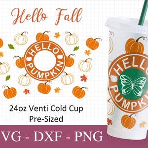Ciao zucca da 24 once, design Venti Cold Cup, file Svg autunnali per Cricut, autunno Svg, involucro di zucca Svg Png Dxf.