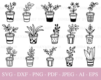 House Plant Svg,  Bundle Files For Cricut, Home Plants PNG , Botanical Potted Plants Svg, Floral Svg, Leaves SVG, DXF Cut File, Pdf.