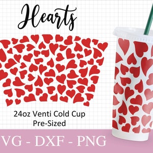 No Hole Heart Starbucks Cup Svg, Red Hearts Svg Files For Cricut, 24oz Venti Cold Cup Design, Valentines Print Full Wrap Svg Png Dxf.