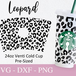 Tazza Starbucks con motivo leopardato in formato Svg, file Svg per Cricut, design della tazza fredda Venti da 24 once, stampa ghepardo avvolgimento completo Svg Png Dxf.