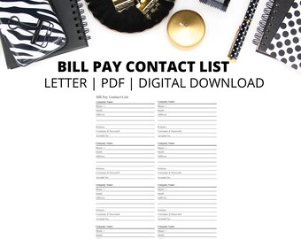 Contactlijst voor factuurbetaling | Bill Tracker-notities | Lettergrootte | Pdf | Direct digitaal downloaden