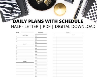 Dagelijkse planner | Dagelijkse planner - Tijdschema per uur | Halve lettergrootte | Pdf | Direct digitaal downloaden
