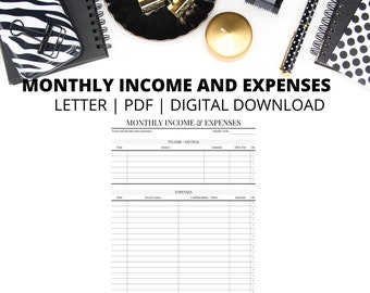 Maandelijkse inkomsten en uitgaven | Lettergrootte | Pdf | Direct digitaal downloaden