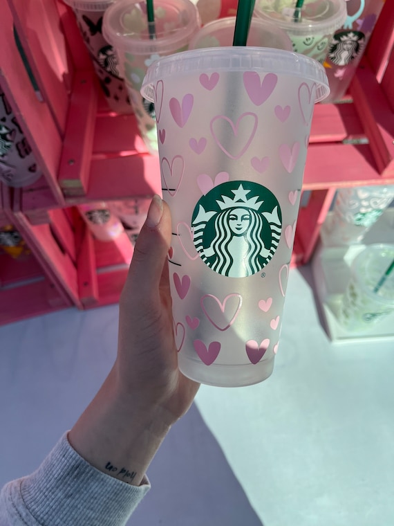 PINK HEARTS PERSONALISED | Personalized | Starbucks cup | Custom | Reusable  | Iced coffee | Love | Christmas | Venti | Birthday |Tumbler 