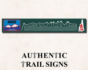 May include: A green and white sign with a profile of the state of New Hampshire and a hiker. The sign lists the names of the 48 mountains in New Hampshire that are over 4,000 feet tall. The sign also includes the text "4000" and "White Mountain Four Thousand Footers". The sign is labeled "AUTHENTIC TRAIL SIGNS".
