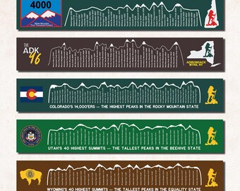 May include: A set of seven rectangular hiking trail stickers featuring mountain range silhouettes, peak names, and elevations. Each sticker displays state-specific logos, maps, and text including Long Trail, 4000, ADK 46, and lists of summits for Colorado, Utah, Wyoming, and Montana.